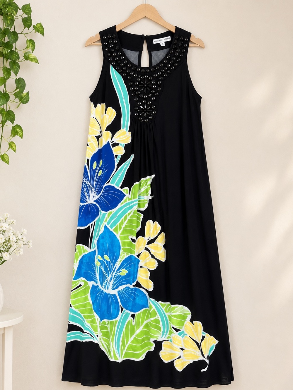 Sandra Darren Black Sleeveless Dress with Blue & Yellow Floral Print